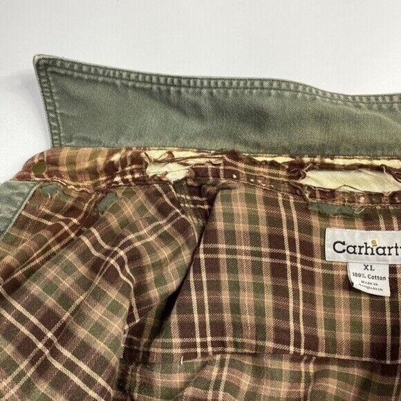 Vintage Carhartt Green Flannel Lined Snap Button Up Canvas Shirt Size XL Grunge - Picture 7 of 12